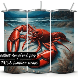 May include: A digital design featuring a red lobster on a sandy beach with blue water and a moon in the background. The design is perfect for creating custom tumblers.