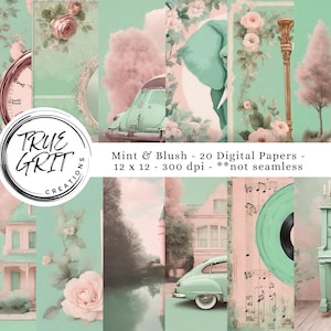 Green Pink Digital Paper Pack Mixed Media Images Vintage Downloads Shabby Chic Printable Paper