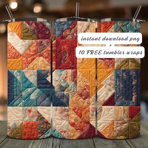 May include: Three 20 oz. stainless steel tumblers with a patchwork quilt design in shades of red, orange, yellow, blue, and green. The tumblers are for sublimation and come with 10 free tumbler wraps.  "instant download png + 10 FREE tumbler wraps" text is on the image.