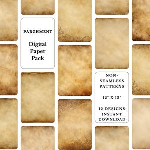 May include: A digital paper pack with 12 designs of parchment paper textures. Each design is 12 inches by 12 inches. The paper textures are in shades of brown and beige.