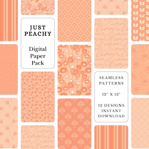 Puede incluir: Un paquete de papel digital con 12 patrones sin costuras de color melocotón. Los patrones incluyen rayas, lunares, flores, mariposas y texto. El texto dice "Just Peachy" y "Patrones sin costuras 12" x 12" 12 Diseños Descarga instantánea".