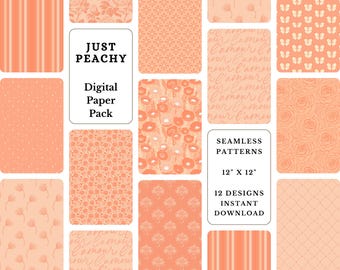 Könnte beinhalten: Ein digitales Papierpaket mit 12 nahtlosen Mustern in Pfirsichfarbe. Die Muster umfassen Streifen, Punkte, Blumen, Schmetterlinge und Text. Der Text lautet "Just Peachy" und "Nahtlose Muster 12" x 12" 12 Designs Sofort-Download".