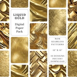 May include: A digital paper pack with 12 seamless patterns featuring liquid gold textures. The patterns are 12 inches by 12 inches and are available for instant download.