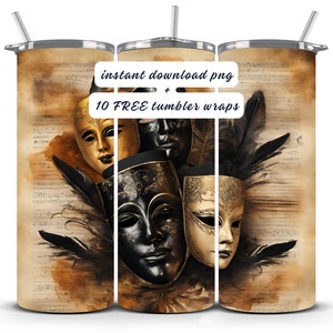 Theatrical Mask Tumbler Wrap: Drama Club 20oz Design (PNG Digital Download)
