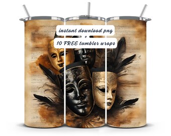 Theatrical Mask Tumbler Wrap: Drama Club 20oz Design (PNG Digital Download)