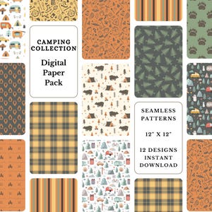 Puede incluir: Un paquete de papel digital con 12 patrones con temática de camping. Los patrones incluyen una variedad de diseños, como cuadros, rayas, huellas de patas y equipo de camping. Los patrones tienen todos 30,5 cm por 30,5 cm y están disponibles para descarga instantánea.  "Camping Collection, Digital Paper Pack, Seamless Patterns, 12" x 12", 12 Designs, Instant Download"