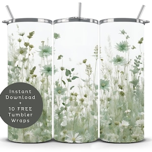 May include: Three white stainless steel tumblers with a green and white floral design. The tumblers have lids and straws. The text "Instant Download + 10 FREE Tumbler Wraps" is on the left tumbler.