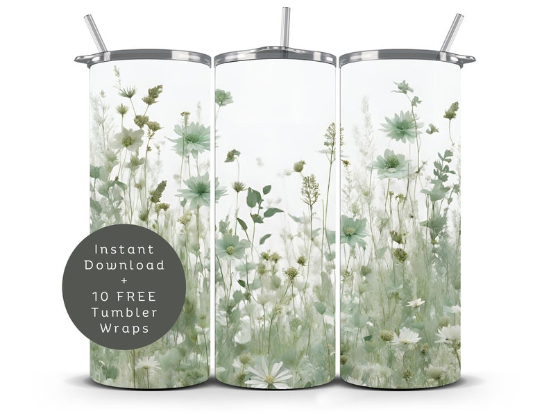 May include: Three white stainless steel tumblers with a green and white floral design. The tumblers have lids and straws. The text "Instant Download + 10 FREE Tumbler Wraps" is on the left tumbler.