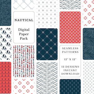 Nautical Digital Paper Pack: 12 Coastal Seamless Patterns (Instant Download)