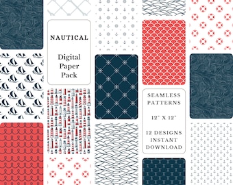 Nautical Digital Paper Pack: 12 Coastal Seamless Patterns (Instant Download)