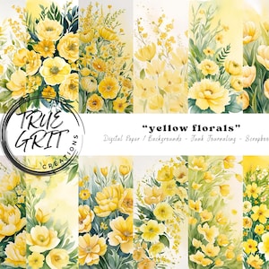 Yellow Floral Watercolor Paper Pack: Wedding Scrapbook Backgrounds (Digital Download)