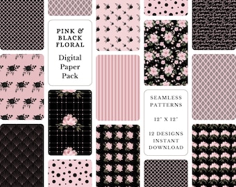 Pink and Black Floral Digital Paper Pack: Scrapbook Backgrounds (Digital Download)
