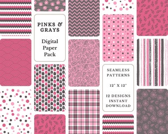 Digitaal papierpakket, roze en grijze patronen, plakboekpapier, commercieel gebruik