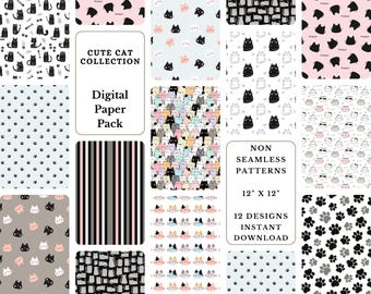 Cute Cat Digital Paper Pack, Seamless Patterns (12x12) (Digital Download)