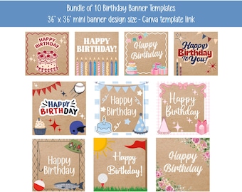 Happy Birthday Banner Vorlagen Bundle: 10 Mini Canva Designs (Digitaler Download)