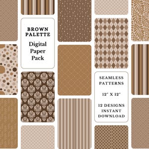 May include: A digital paper pack with 12 seamless patterns in brown tones. The patterns include polka dots, stripes, diamonds, and more. Each pattern is 12 inches by 12 inches.