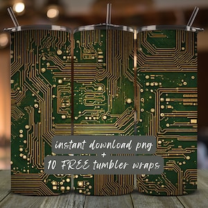 Può includere: Tre bicchieri in acciaio inossidabile con un design a circuito stampato verde e oro. I bicchieri sono su una superficie di legno. Il testo "download istantaneo png + 10 involucri per bicchieri GRATUITI" è sul davanti dei bicchieri.