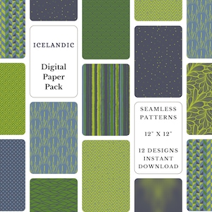 Pacchetto di carta digitale islandese blu e verde Sfondi digitali in stile nordico Download istantaneo Carta per scrapbooking