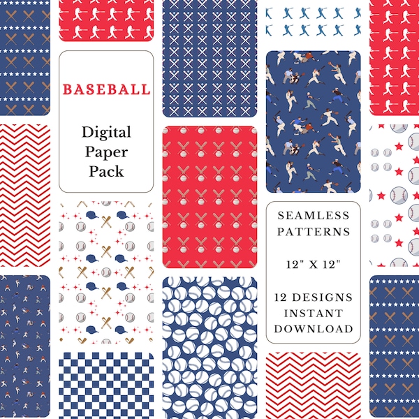 Fun Baseball Digital Paper Pack Sports Digital Backgrounds Instant Download Scrapbooking Kids' Crafts Invitations Set of 12
