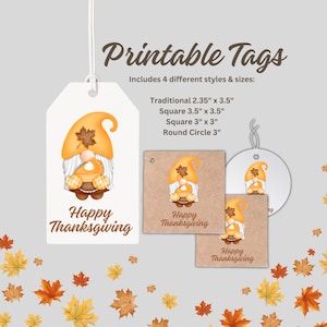 Thanksgiving Gnome Geschenkanhänger: Feiertagsetiketten zum Ausdrucken (PDF)