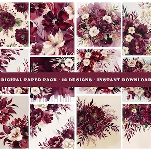 Carta digitale floreale bordeaux / Sfondi floreali per matrimoni acquerellati / Carta per scrapbooking floreale bordeaux / Carte floreali acquerellate color vino