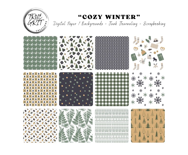 Cozy Winter Digital Paper Pack: Navy Sage Christmas Patterns (digital ...