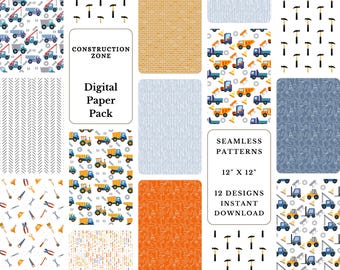 Construction Truck Digital Paper Pack: Scrapbook Patterns (Digital Download)