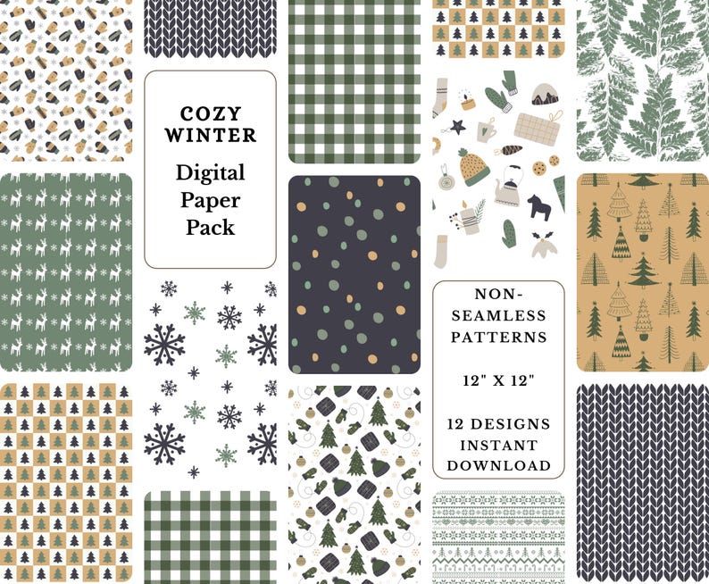 Cozy Winter Digital Paper Pack: Navy Sage Christmas Patterns (digital ...