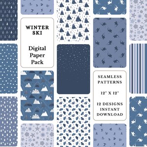 May include: A digital paper pack with 12 winter ski themed patterns. The patterns include snowflakes, mountains, trees, and skiers. The patterns are seamless and measure 12 inches by 12 inches. The text "WINTER SKI" is in a white box with a blue outline. The text "Digital Paper Pack" is in a white box with a blue outline. The text "SEAMLESS PATTERNS" is in a white box with a blue outline. The text "12" X 12" is in a white box with a blue outline. The text "12 DESIGNS INSTANT DOWNLOAD" is in a white box with a blue outline.