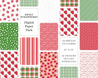 Strawberry Digital Paper Pack: Seamless Patterns for Scrapbooking (Digital Download)
