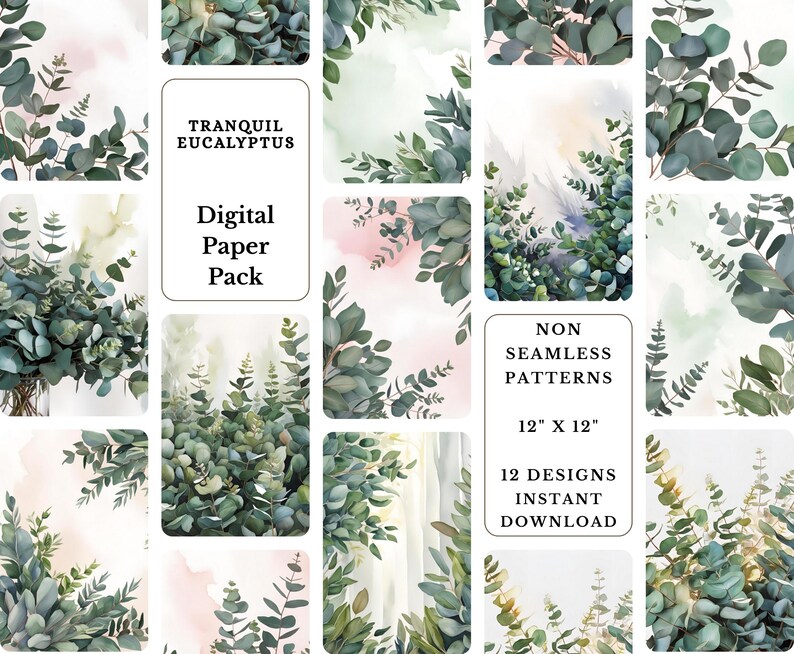 Eucalyptus Watercolor Digital Paper Pack: Sage Green Scrapbook ...