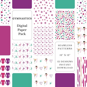 Paquete de papel digital de gimnasia / Patrones de fondo digitales de gimnasta / Papel de álbum de recortes con imágenes prediseñadas de gimnasia