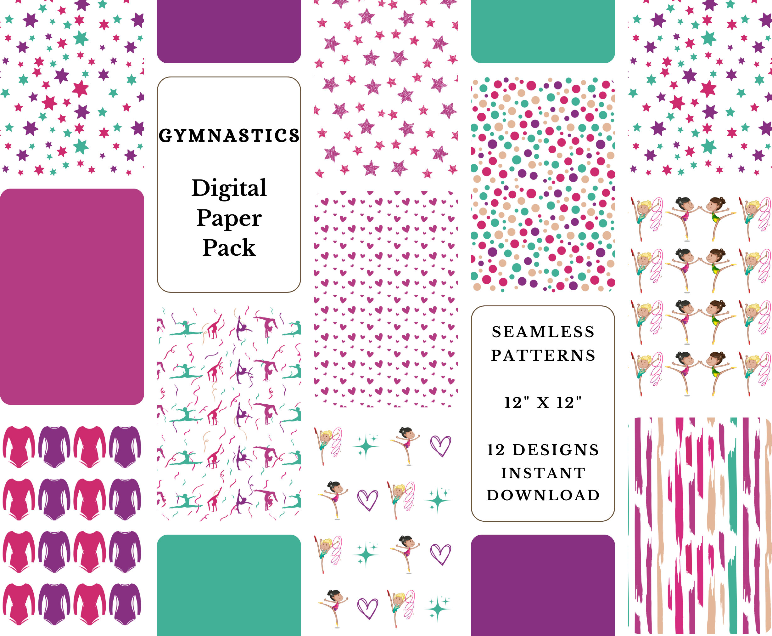 Gymnastics Digital Paper Pack: Scrapbook & Tumbling Patterns (digital ...