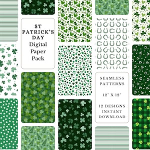 Puede incluir: Doce diseños digitales de papel con motivos de San Patricio. Los diseños incluyen tréboles, herraduras, corazones, rayas y cuadros. Los diseños miden 30,5 cm por 30,5 cm y están disponibles para descarga instantánea.
