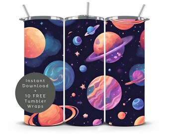 Galaxy Tumbler Wrap PNG: Cosmic Planets Sublimation Print (Digital Download)