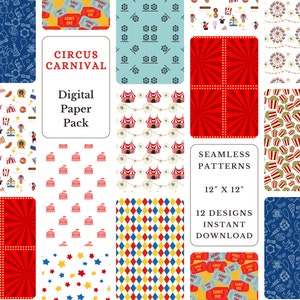 Circus Carnival Digital Paper Pack | Seamless Circus Patterns | Instant Download | Scrapbooking, Party Decor, Crafts | Set of 12