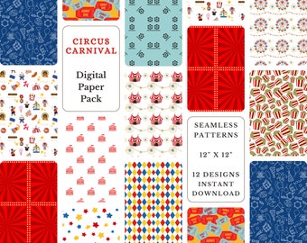 Circus Carnival Digital Paper Pack | Seamless Circus Patterns | Instant Download | Scrapbooking, Party Decor, Crafts | Set of 12