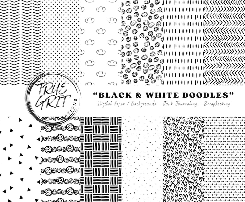 Black & White Doodle Digital Paper Pack: Seamless Patterns (PNG Files ...