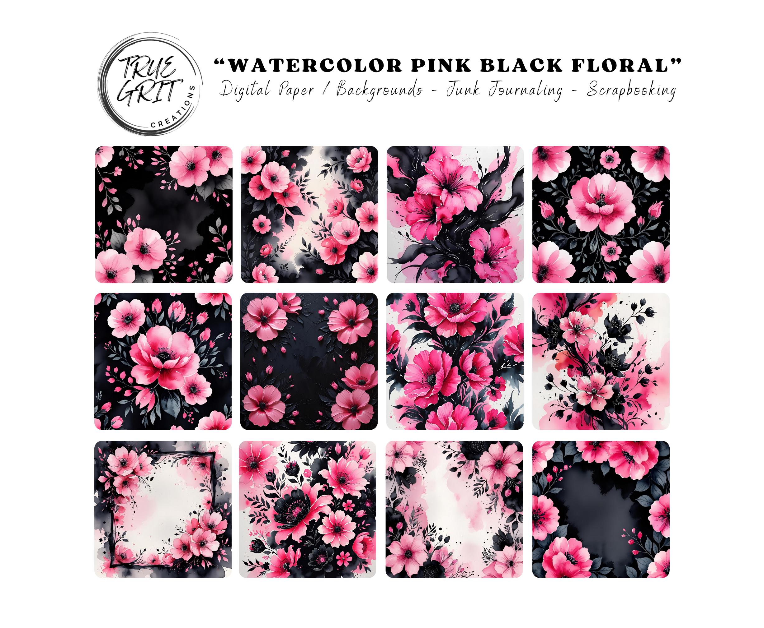 Black Pink Floral Digital Paper Pack: Watercolor Rose Scrapbook Paper ...