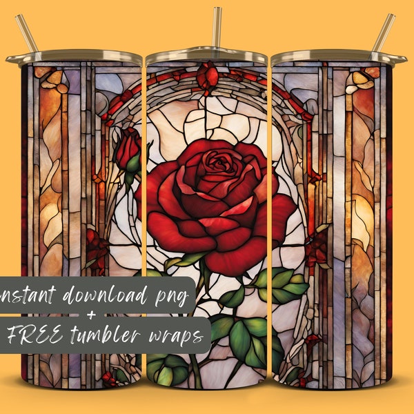 Rose tumbler wrap, stained glass rose tumbler wrap, beauty and the beast inspired tumbler