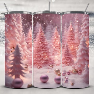 Pink Christmas Tumbler Wrap PNG sparkly pink Christmas png digital design 20 oz Skinny Tumbler Sublimation Design whimsical pink