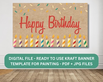 Op de afbeelding: Een kraftpapier banner met de woorden "Happy Birthday" in rode letters. De banner heeft kleurrijke confetti en kaarsen met brandende vlammen. De onderkant van de banner heeft de tekst: "DIGITALE BESTAND - KLAAR VOOR GEBRUIK KRAFT BANNER SJABLOON VOOR SCHILDEREN - PDF + JPG BESTANDEN."