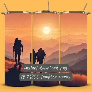 Mountain Sunset Tumbler Wrap: Hiking PNG Design (Digital Download)