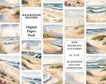 Watercolor Beach Digital Paper Pack: Coastal Scrapbook (Digital Download)