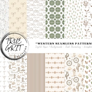 Könnte beinhalten: Eine Sammlung digitaler Papiermuster mit Western-Thema. Die Muster umfassen Schleifen, Berge, florale Designs, Kakteen und Illustrationen im Cowboy-Stil. Der Text lautet "WESTERN SEAMLESS PATTERNS" und "TRUE GRIT CREATIONS". Geeignet für digitales Papier, Hintergründe, Junk-Journaling und Scrapbooking.