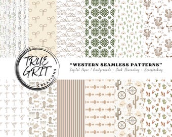 Western Digital Paper Pack: Seamless Patterns for Scrapbooking (12x12, JPG, Digital Download)