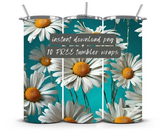 Floral tumbler wrap | daisy floral tumbler design | teal background daisy design
