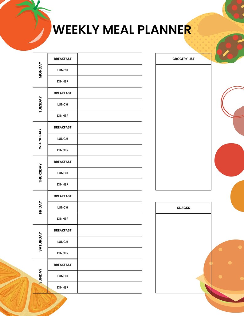 Simple Weekly Meal Planner, Breakfast, Lunch, Dinner, Snacks, Printable ...