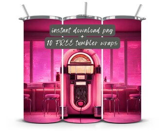 Pink tumbler wrap, pink jukebox tumbler wrap png, 1950's diner jukebox design