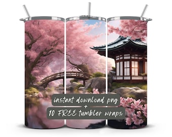 Envoltorio para vaso con diseño de flor de cerezo japonesa: PNG floral de 20 oz (descarga digital)